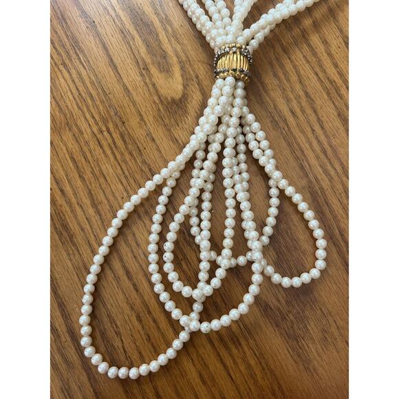 Vtg DELILLO Long Necklace Multi Strand Faux Pearl Beads String Knotted Signed - Picture 4 of 10